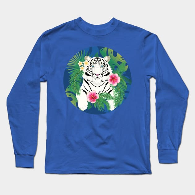 White tiger with tropical foliage Long Sleeve T-Shirt by AnnArtshock